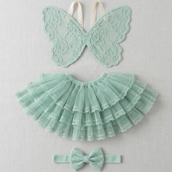 Like New! 3pc Mint Green Baby Tutu Set - Butterfly Wings & Headband - Picture 5 of 6